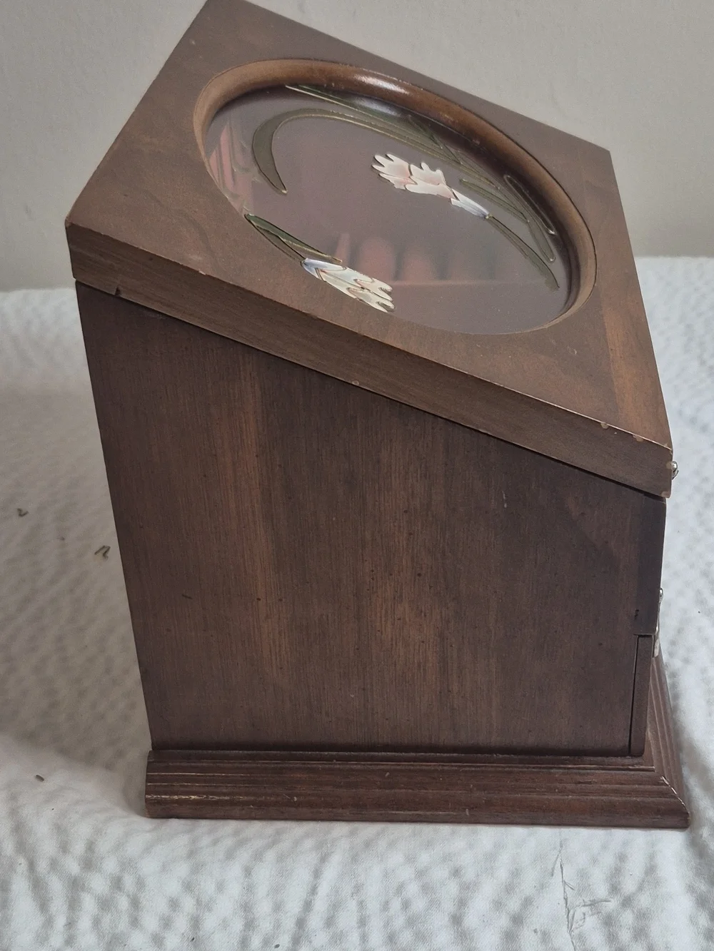 Vintage Wood Jewelry Box w/ Mirror, Floral Glass Lid, Drawers, Brown 11in 25+ pc